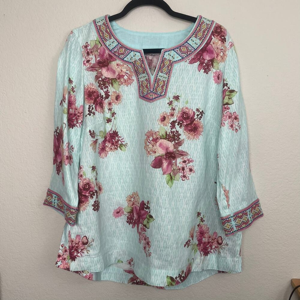 John Mark Women's Blue Floral Beaded V-Neck Linen Cotton Tunic Size Large - Picture 2 of 8